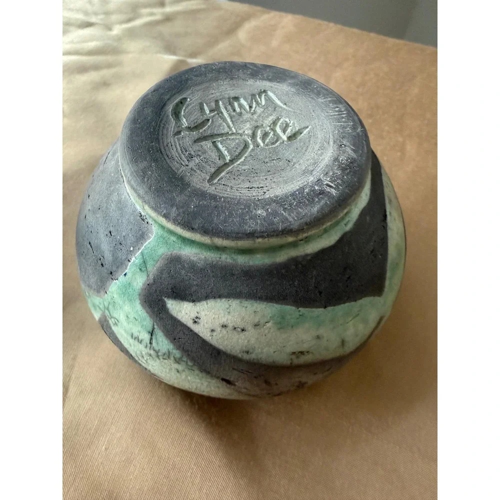 Lynn Dee Studio Pottery Raku Lidded Jar Green Grey Abstract Leaf Signed Art Ware